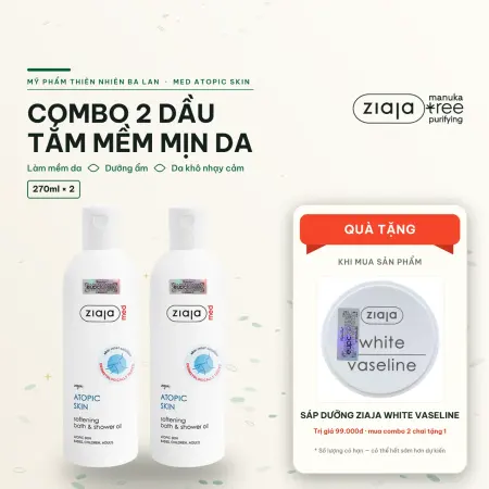 Combo 2 Dầu Tắm Mềm Mịn Da Ziaja Med Atopic Skin Bath & Shower Oil 270ml Kèm Quà Sáp Vaseline Trắng