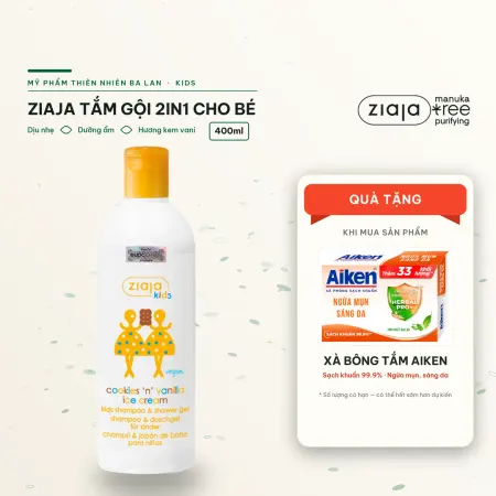 Tắm Gội 2in1 Cho Bé Ziaja Kids Cookies & Vanilla Ice Cream 400ml – Dịu Nhẹ, Dưỡng Ẩm, Trẻ Từ 3 Tuổi
