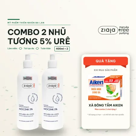 Combo 2 Nhũ Tương Dưỡng Ẩm Mềm Mượt Ziaja Med 5% Urê 400ml Cho Da Khô Nứt Nẻ Kèm Quà Xà Bông Aiken