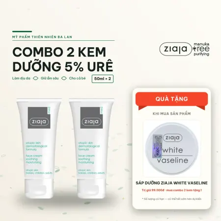 Combo 2 Kem Dịu Nhẹ Dưỡng Ẩm 5% Urê Ziaja Med Atopic Skin Face Cream 50ml Kèm Quà Sáp Vaseline Trắng