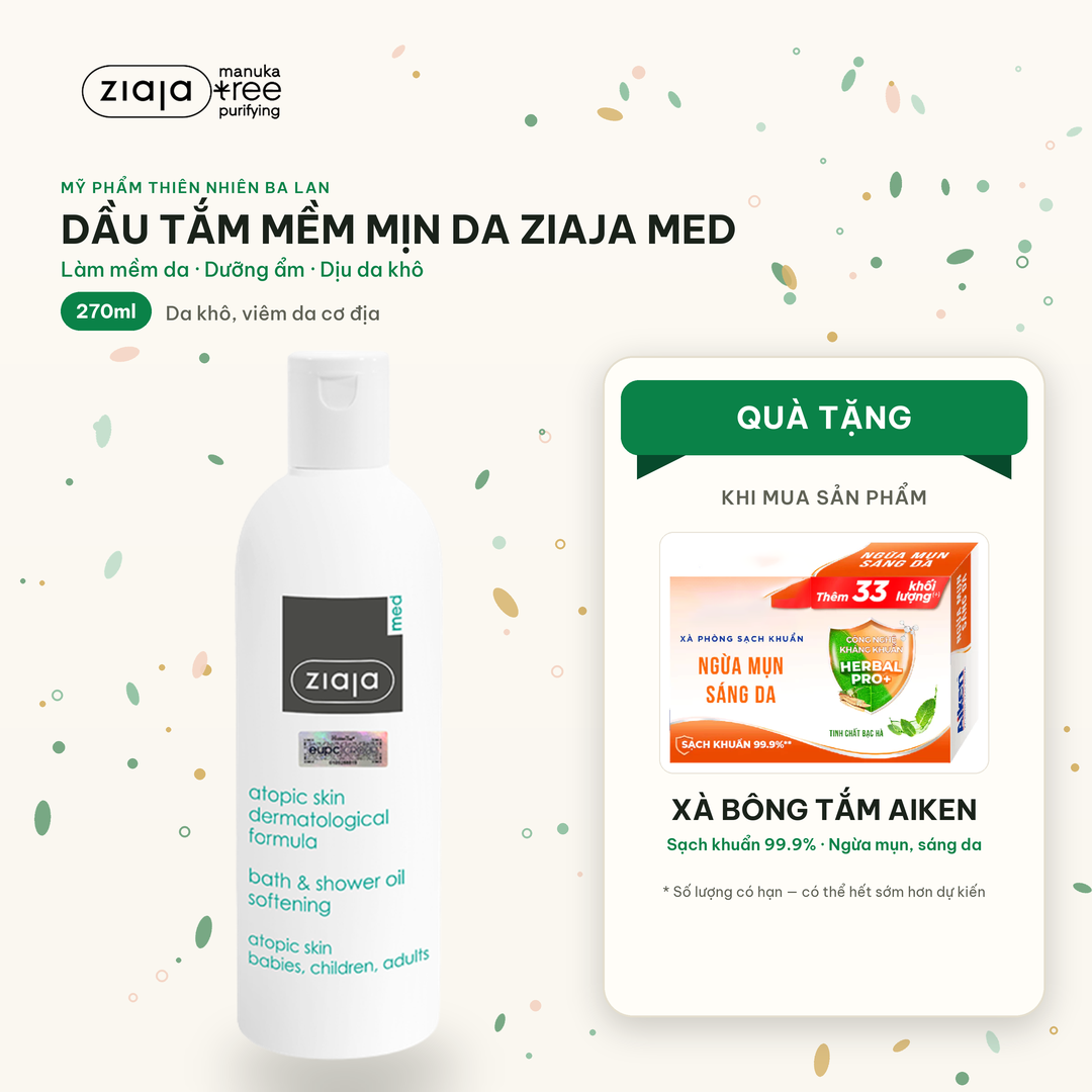 Dầu Tắm Mềm Mịn Da Ziaja Med Atopic Skin Dermatological Formula Bath & Shower Oil Softening 270ml