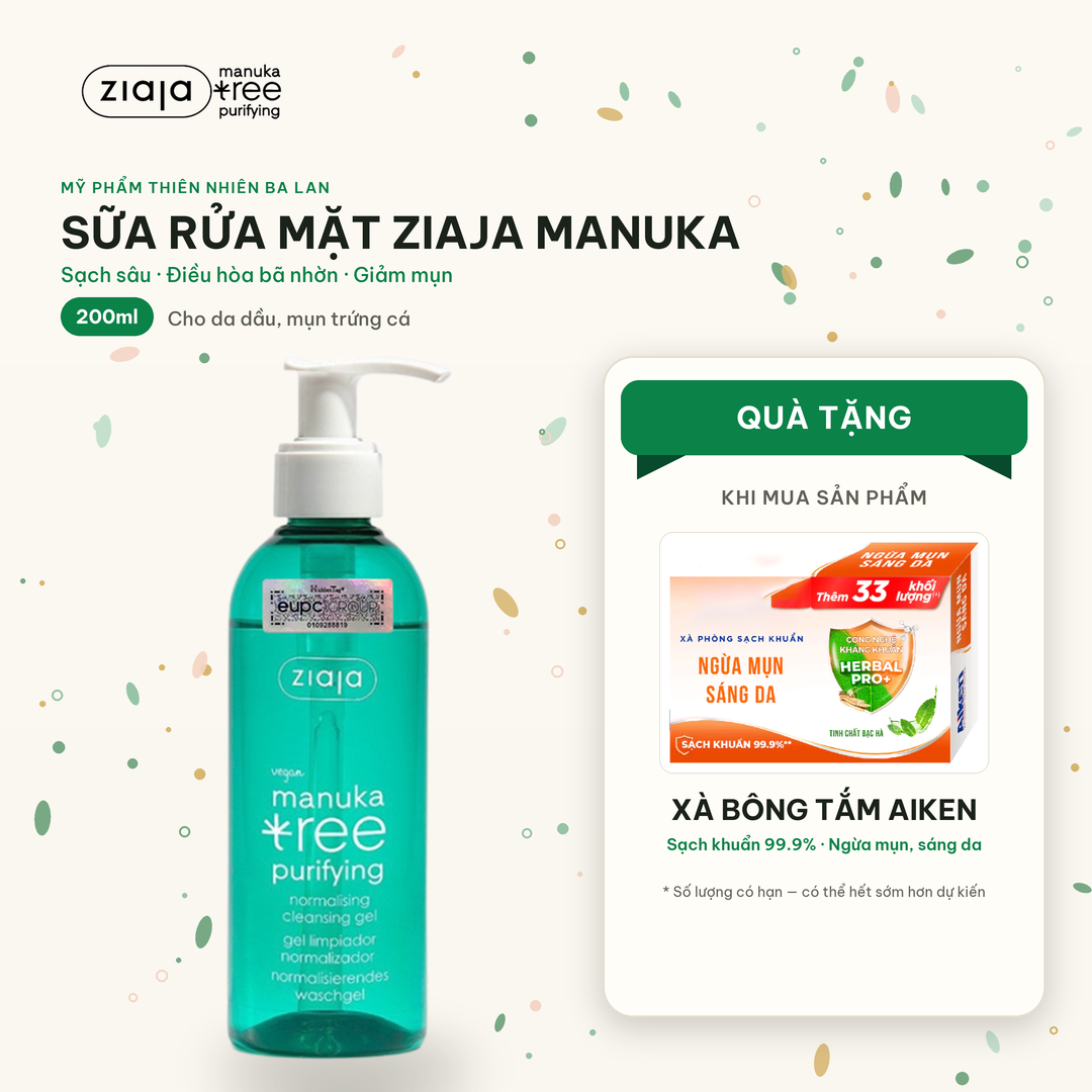 Gel Rửa Mặt Sạch Sâu, Điều Hòa Tuyến Bã Nhờn Ziaja Manuka Tree Purifying Normalising Cleansing Gel 200ml