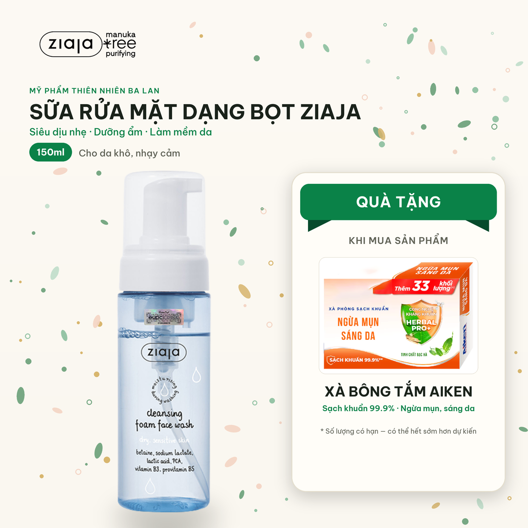 Rửa Mặt Dạng Bọt Siêu Dịu Nhẹ Dưỡng Ẩm Làm Mềm Ziaja Cleansing Foam Face Wash Dry, Sensitive Skin 150ml