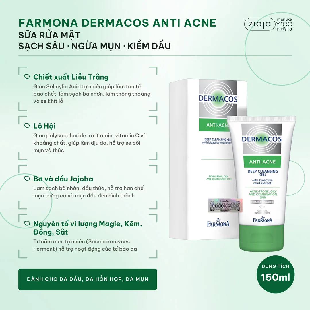 Combo 2 Gel Rửa Mặt Sạch Sâu Farmona Dermacos Anti-Acne Bùn Hoạt Tính 150ml Kèm Quà Sáp Vaseline Trắng – ảnh 2