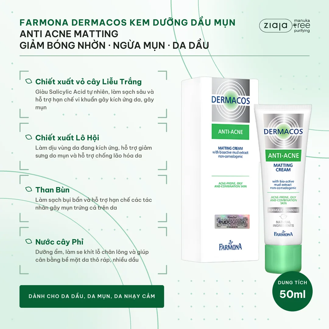 Combo 2 Kem Dưỡng Giảm Bóng Nhờn Farmona Dermacos Anti-Acne Matting Bùn Hoạt Tính 50ml Kèm Quà Sáp Vaseline Trắng – ảnh 2