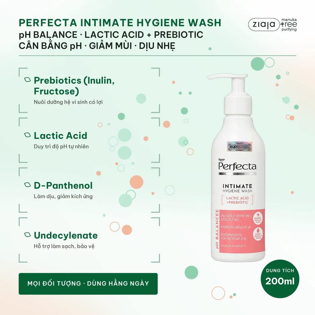 Dung Dịch Vệ Sinh Phụ Nữ Perfecta pH Balance 200ml – Prebiotics, Lactic Acid, Thơm Mát, Dịu Nhẹ – ảnh 2