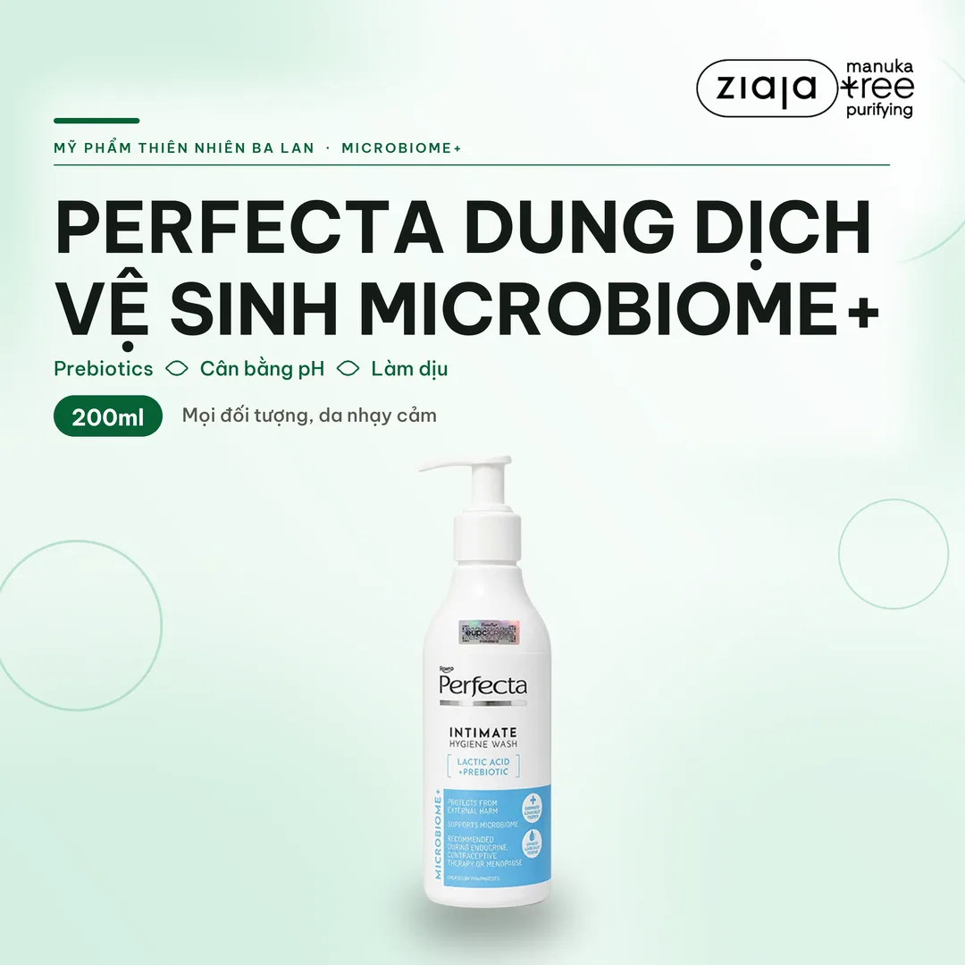 Dung Dịch Vệ Sinh Phụ Nữ Perfecta Microbiome+ 200ml – Prebiotics, Lactic Acid, Giảm Mùi, Làm Dịu – ảnh 1