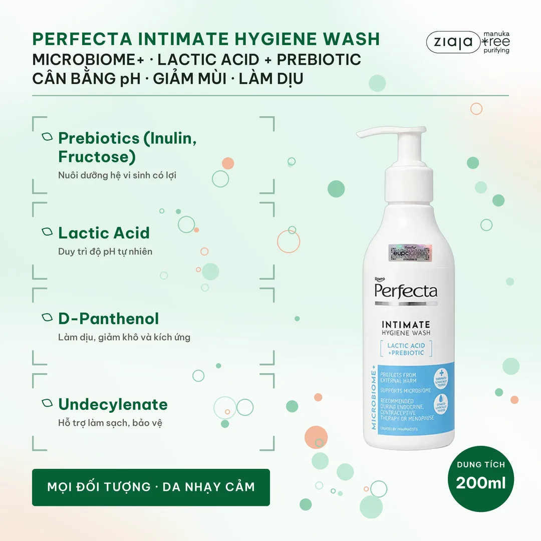 Dung Dịch Vệ Sinh Phụ Nữ Perfecta Microbiome+ 200ml – Prebiotics, Lactic Acid, Giảm Mùi, Làm Dịu – ảnh 2