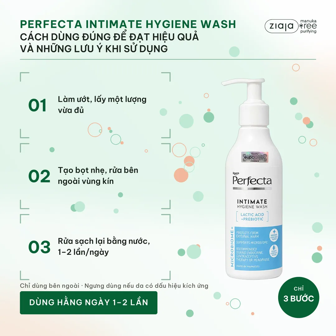 Dung Dịch Vệ Sinh Phụ Nữ Perfecta Microbiome+ 200ml – Prebiotics, Lactic Acid, Giảm Mùi, Làm Dịu – ảnh 3