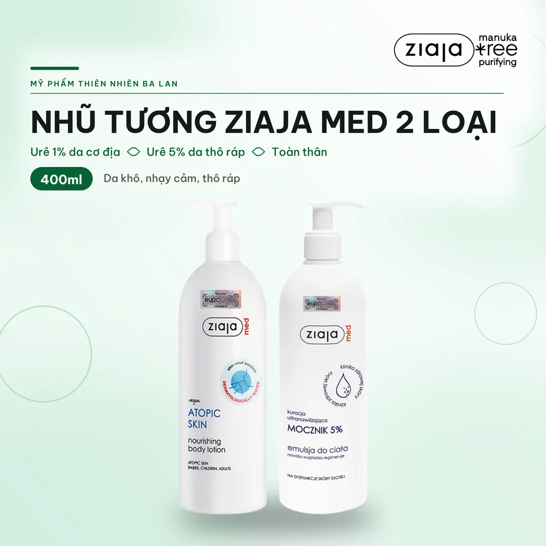 Nhũ Tương Ziaja Med 400ml 2 Loại – Atopic Skin 1% Urê Cho Da Cơ Địa / Mocznik 5% Urê Cho Da Khô Nứt Nẻ 3