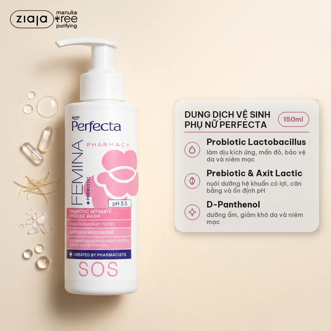 Dung Dịch Vệ Sinh Phụ Nữ Perfecta Femina SOS Probiotic 150ml - Giảm Kích Ứng Mẩn Đỏ, Cân Bằng pH