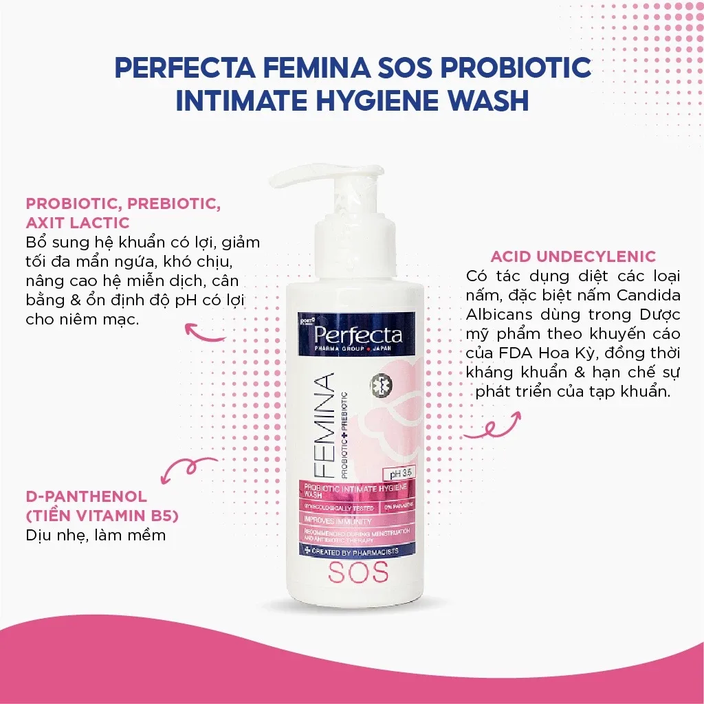 Dung Dịch Vệ Sinh Phụ Nữ Perfecta Femina SOS Probiotic 150ml - Giảm Kích Ứng Mẩn Đỏ, Cân Bằng pH 4
