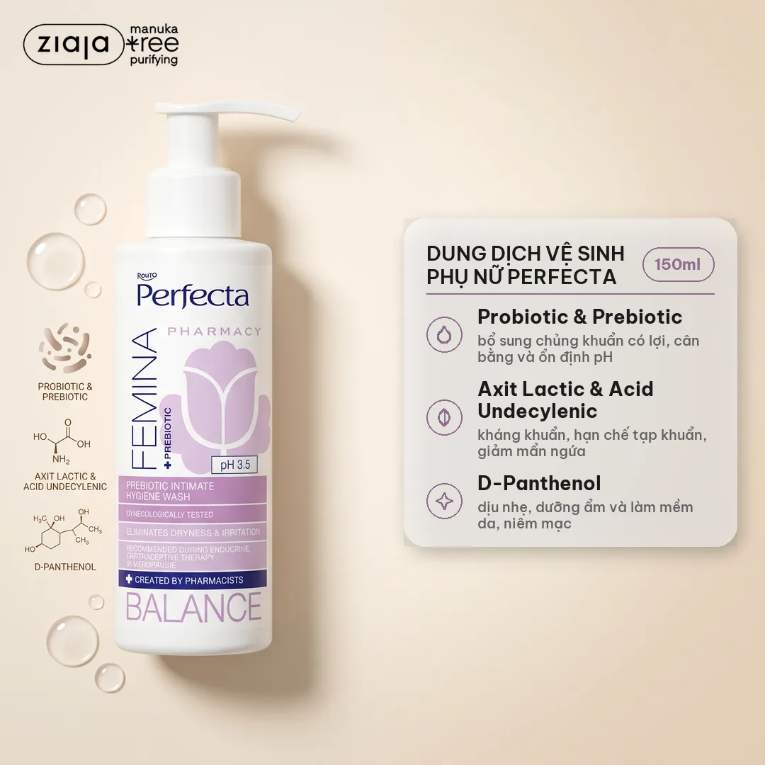 Dung Dịch Vệ Sinh Phụ Nữ Perfecta Femina Balance Probiotic 150ml - Dịu Nhẹ, Dưỡng Ẩm, Cân Bằng pH