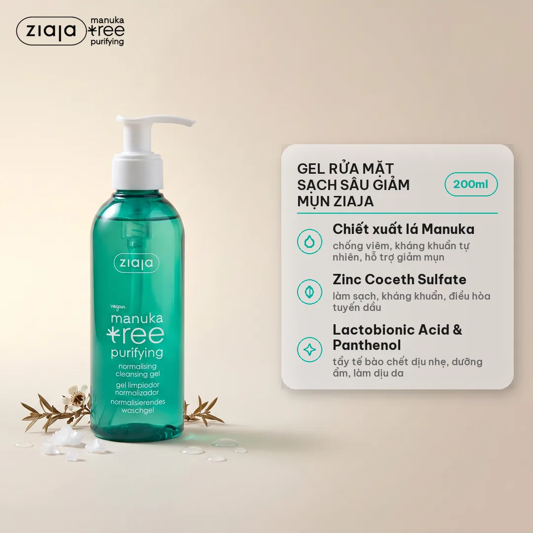 Gel Rửa Mặt Sạch Sâu, Điều Hòa Tuyến Bã Nhờn Ziaja Manuka Tree Purifying Normalising Cleansing Gel 200ml
