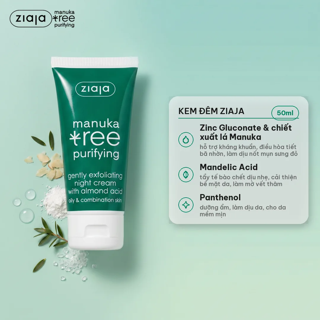 Kem Đêm Ziaja Manuka 50ml - Kiềm Dầu, Giảm Mụn, Mờ Thâm, Cho Da Dầu Mụn & Hỗn Hợp