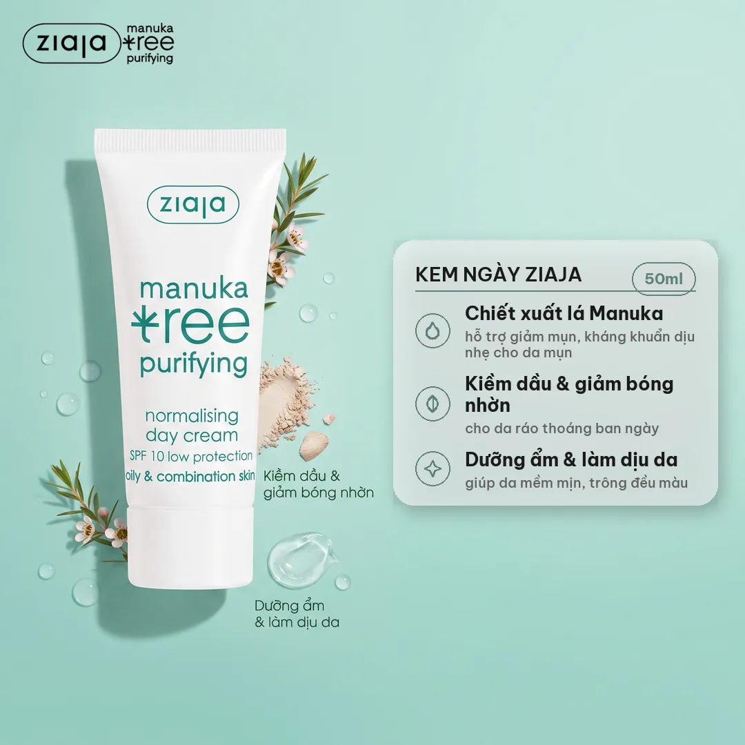 Kem Ngày Ziaja Manuka 50ml - Kiềm Dầu, Giảm Mụn, Kem Lót Bảo Vệ Da, Cho Da Dầu Mụn & Hỗn Hợp
