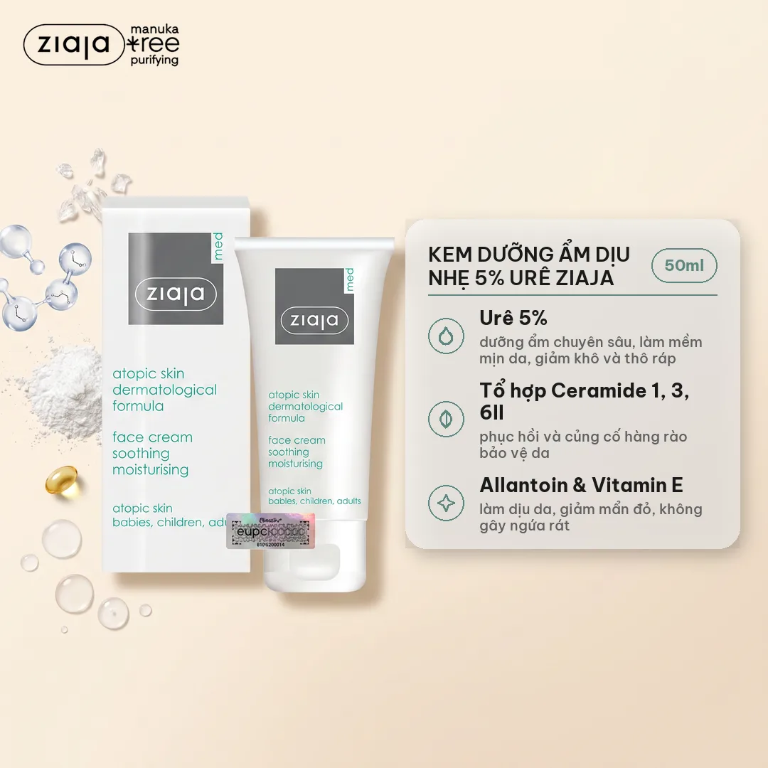 Kem Dưỡng Dịu Nhẹ Dưỡng Ẩm 5% Urê Ziaja Med Atopic Skin Dermatological Formula Face Cream 50ml 2