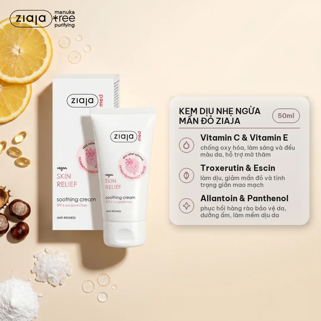 Kem Dịu Nhẹ Ngừa Mẩn Đỏ Ziaja Med Skin Relief Dermatological Formula Soothing Cream Anti-Redness 50ml