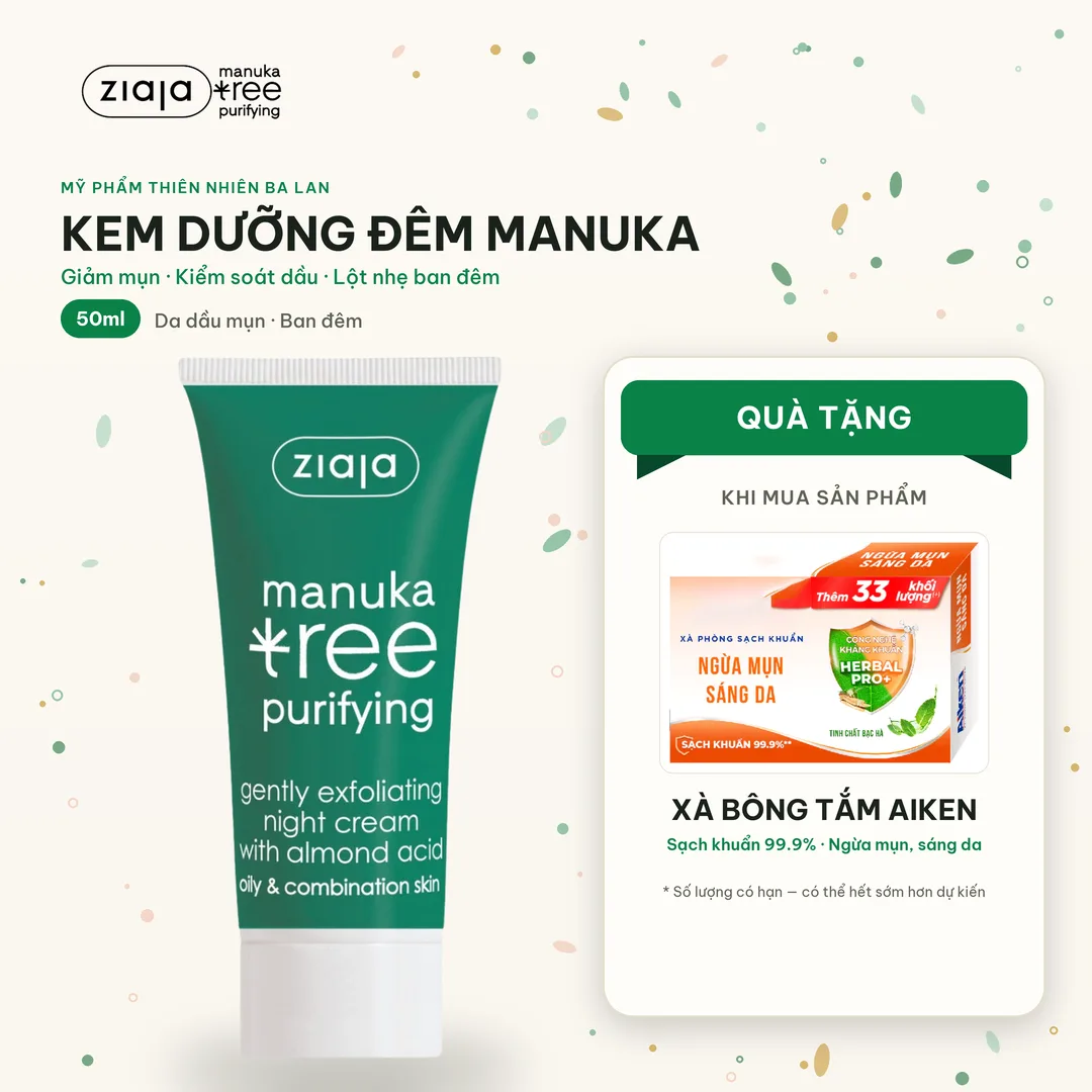 Kem Đêm Ziaja Manuka 50ml - Kiềm Dầu, Giảm Mụn, Mờ Thâm, Cho Da Dầu Mụn & Hỗn Hợp