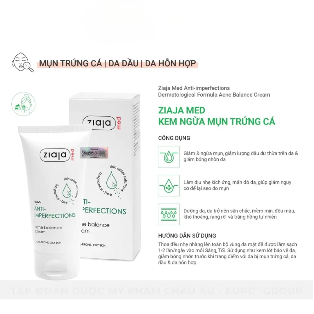 Kem Dưỡng Ngừa Mụn Trứng Cá Ziaja Med Anti-Imperfections Dermatological Formula Acne Balance Cream 50ml 4