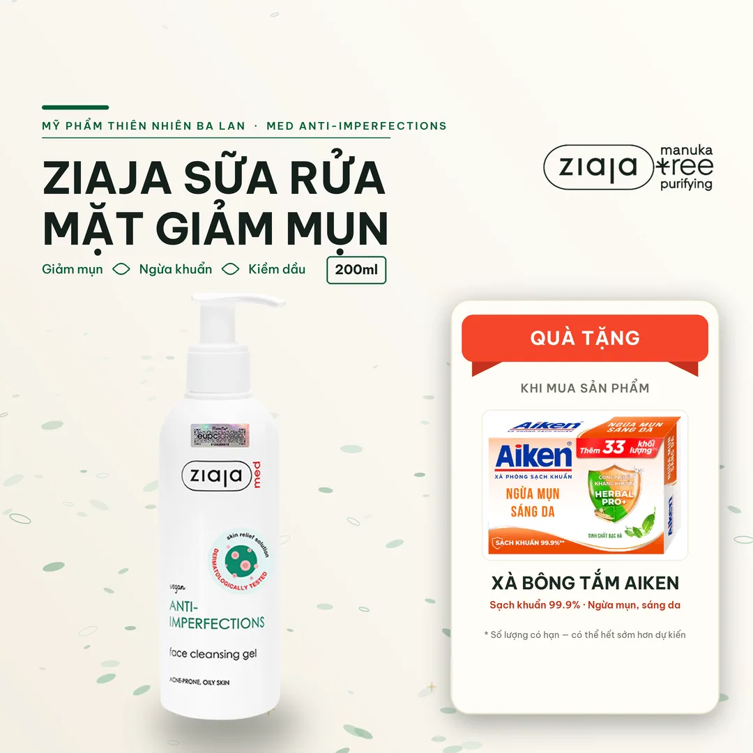 Sữa Rửa Mặt Giảm Mụn Ngừa Khuẩn Ziaja Med Anti-imperfections Dermatological Formula Cleansing Gel 200ml