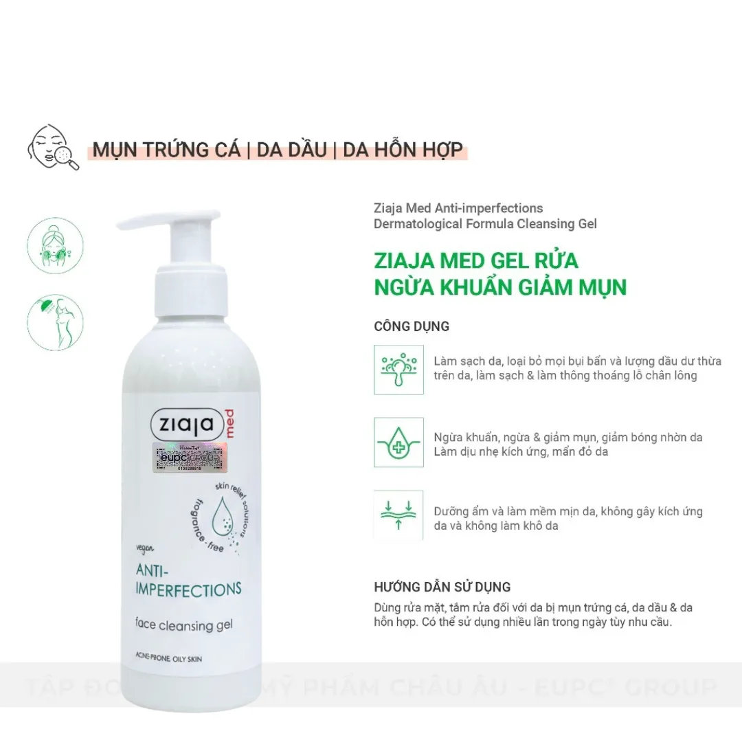 Sữa Rửa Mặt Giảm Mụn Ngừa Khuẩn Ziaja Med Anti-imperfections Dermatological Formula Cleansing Gel 200ml
