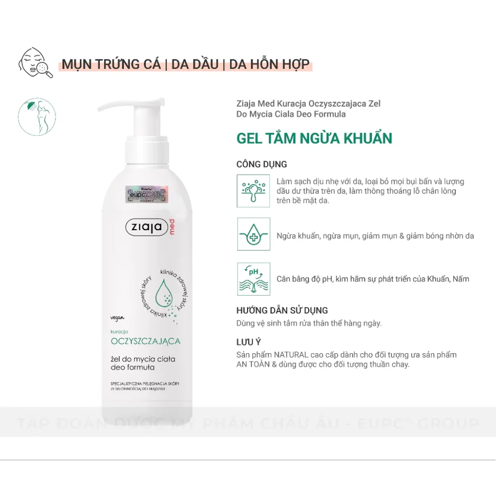 Gel Tắm Ngừa Khuẩn Nấm Ziaja Med Kuracja Oczyszczajaca Zel Do Mycia Ciala Deo Formula 400ml 3