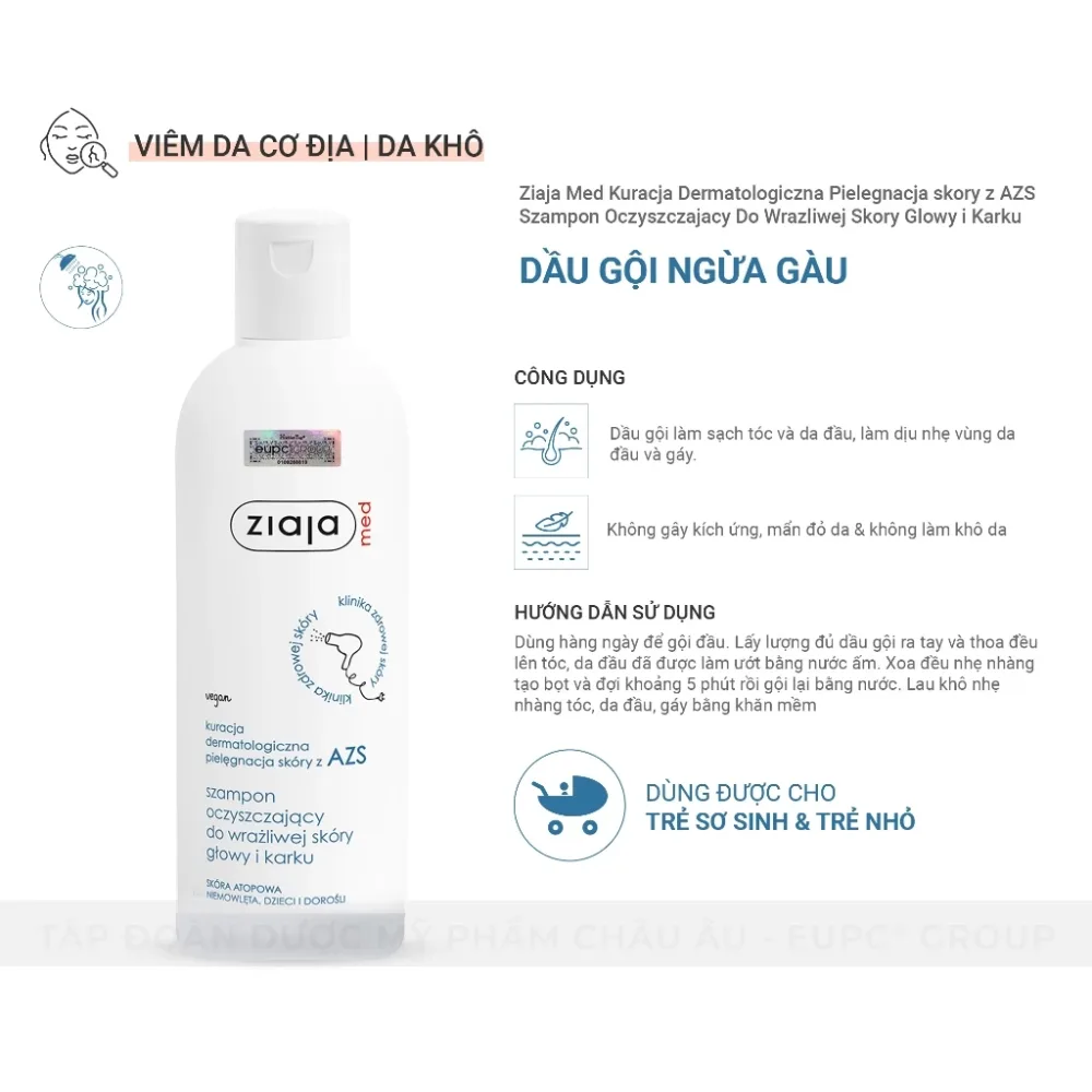 Dầu Gội Làm Sạch Tóc Và Dịu Nhẹ Da Đầu Ziaja Med Atopic Dermatitis Cleansing Shampoo 300ml
