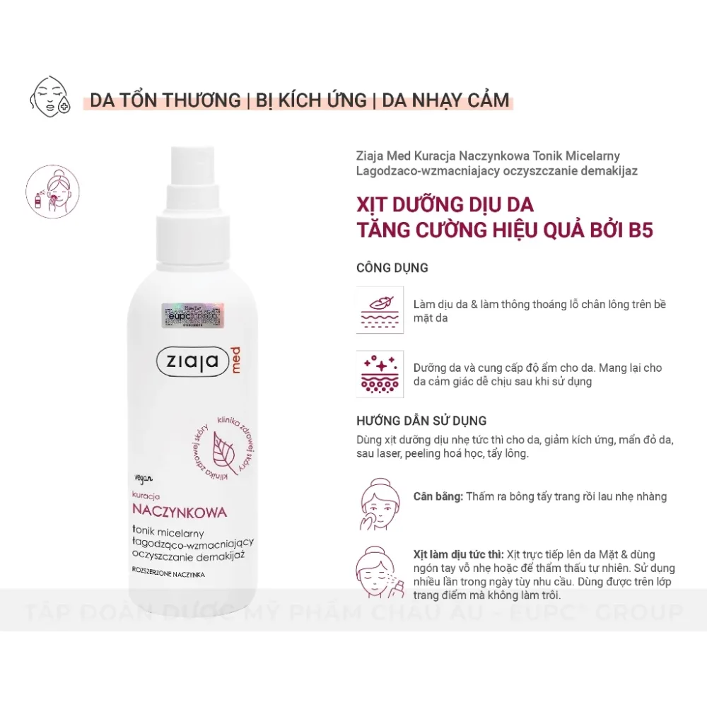 Xịt Dưỡng Dịu Da Tăng Cường Hiệu Quả Bởi B5 Ziaja Med Kuracja Naczynkowa Tonik Micelarny 200ml 3