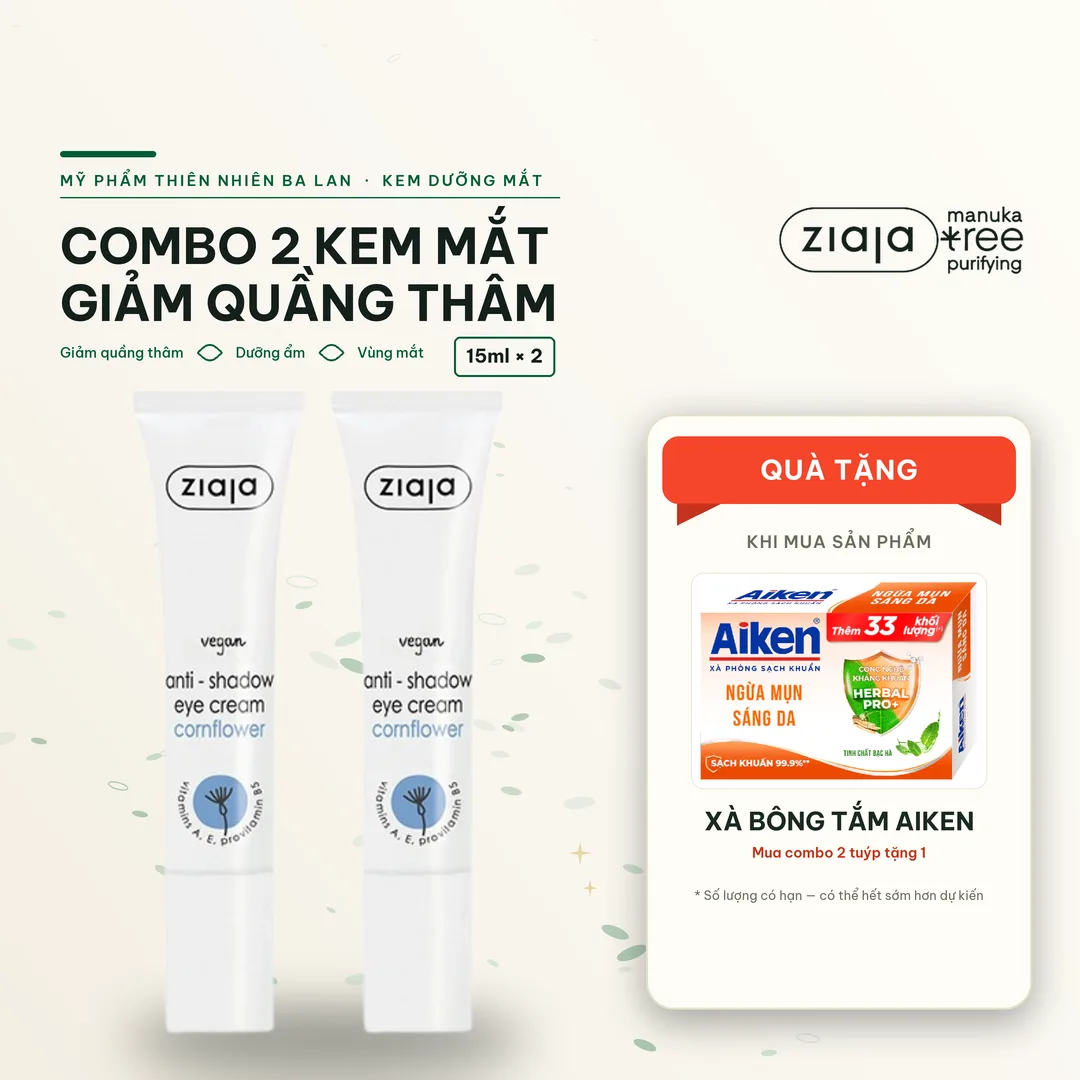 Combo 2 Kem Giảm Thâm Quầng Mắt Ziaja Anti-Shadow Eye Cream Hoa Ngô 15ml Kèm Quà Xà Bông Aiken
