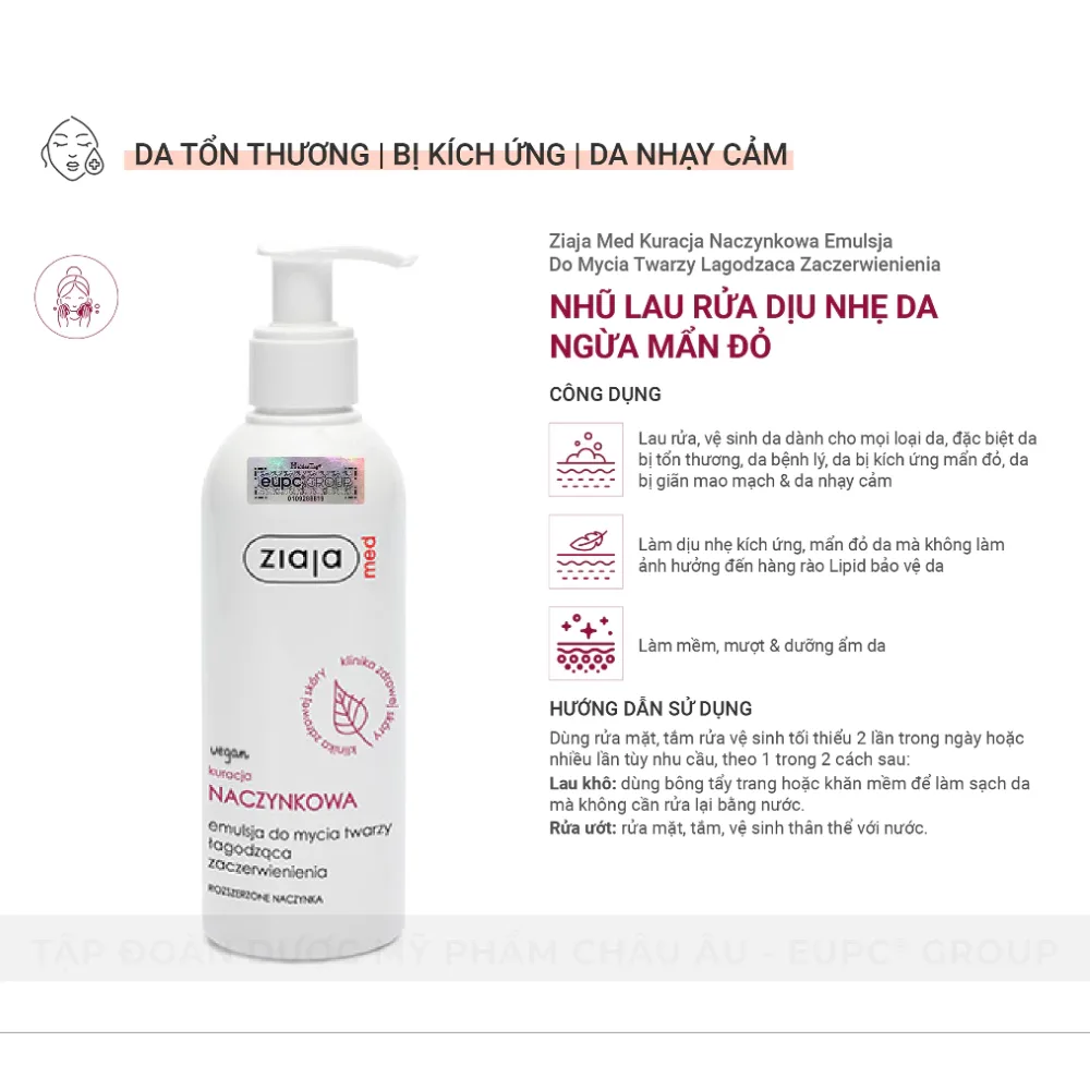 Nhũ Lau Rửa Dịu Nhẹ Da Ngừa Mẩn Đỏ Ziaja Med Kuracja Naczynkowa 200ml