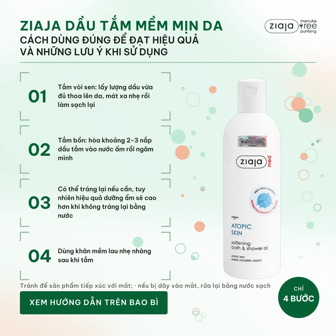Dầu Tắm Mềm Mịn Da Ziaja Med Atopic Skin Dermatological Formula Bath & Shower Oil Softening 270ml 4