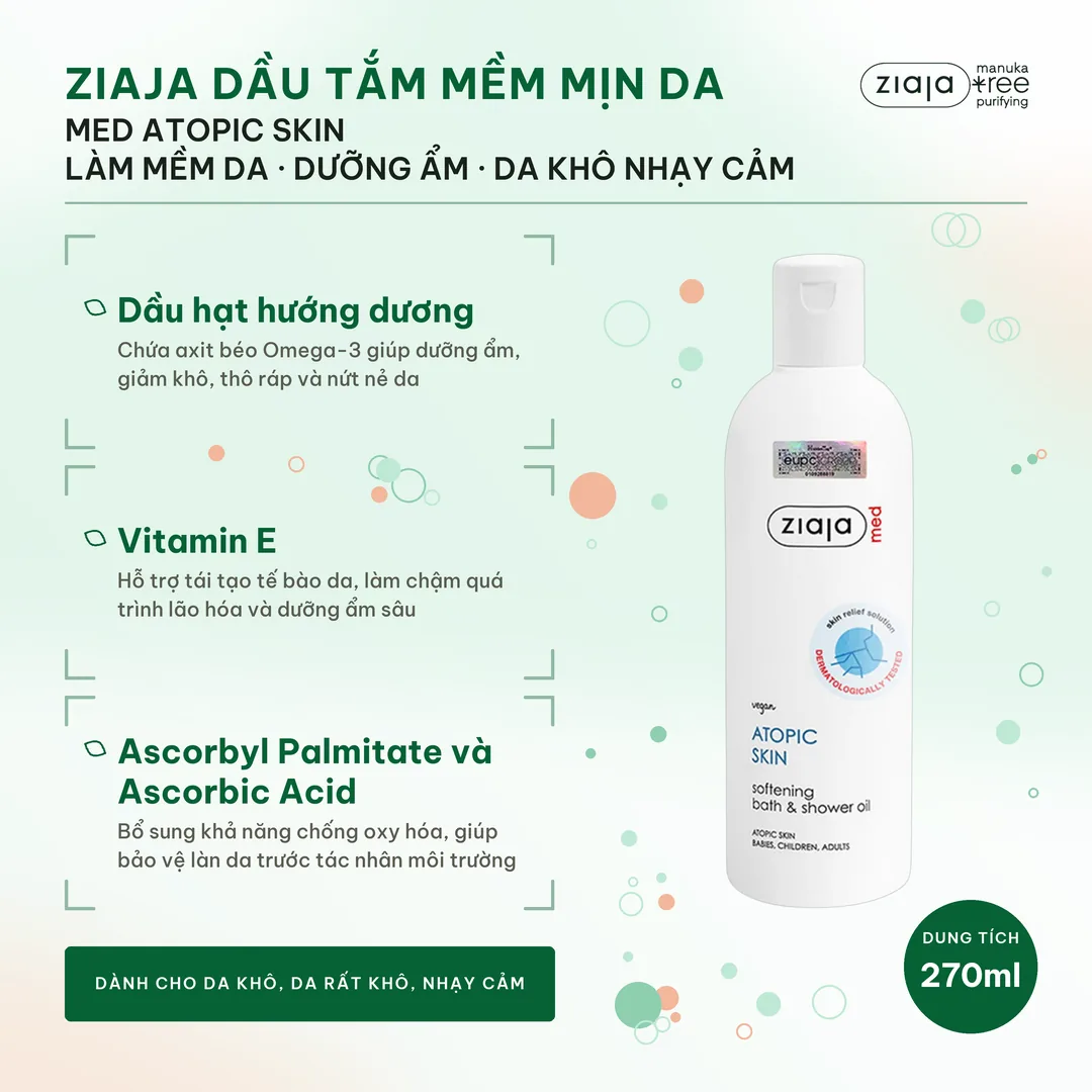 Dầu Tắm Mềm Mịn Da Ziaja Med Atopic Skin Dermatological Formula Bath & Shower Oil Softening 270ml 3
