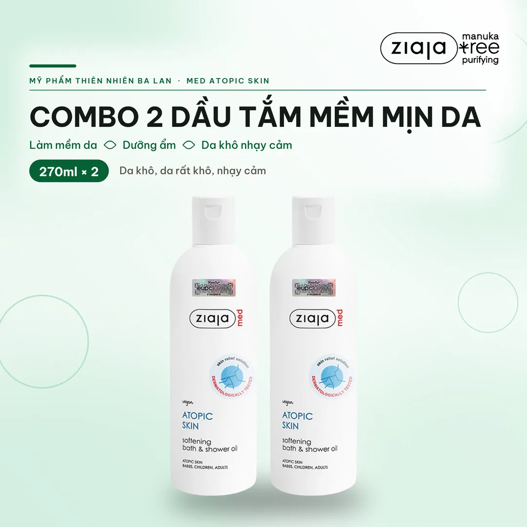 Combo 2 Dầu Tắm Mềm Mịn Da Ziaja Med Atopic Skin Bath & Shower Oil 270ml Kèm Quà Sáp Vaseline Trắng – ảnh 1