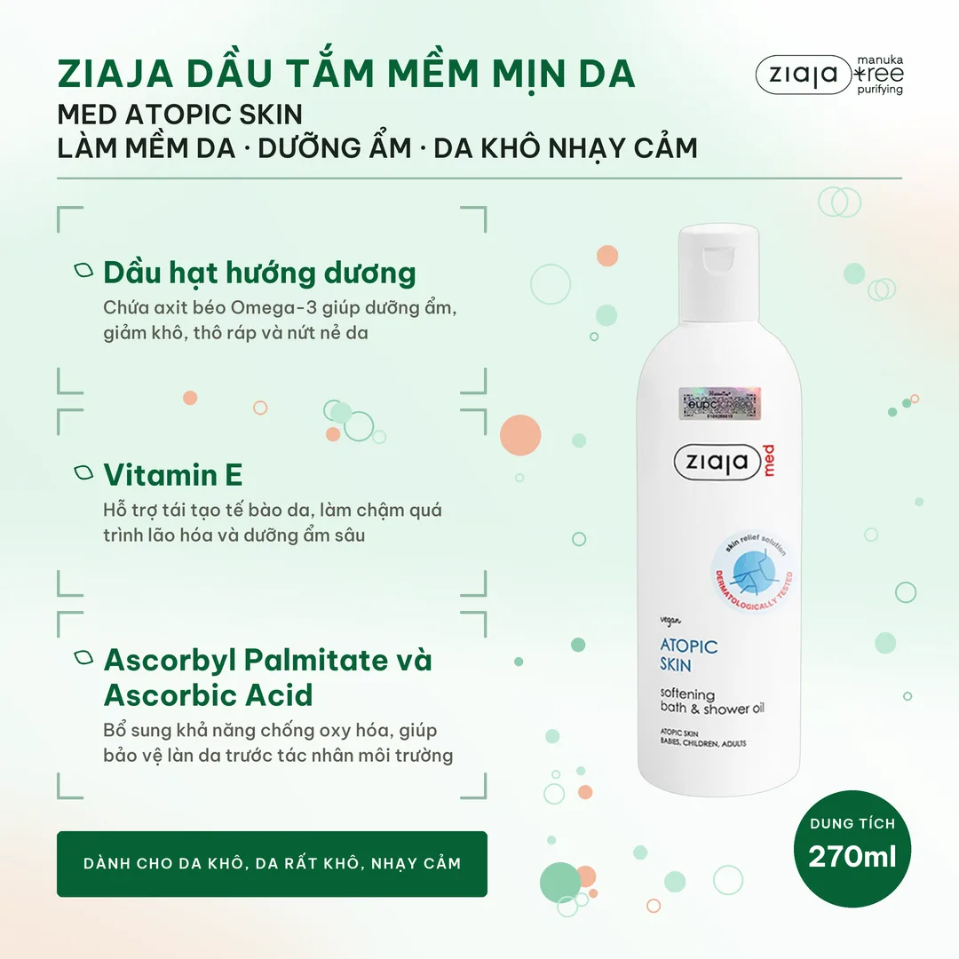 Combo 2 Dầu Tắm Mềm Mịn Da Ziaja Med Atopic Skin Bath & Shower Oil 270ml Kèm Quà Sáp Vaseline Trắng – ảnh 2