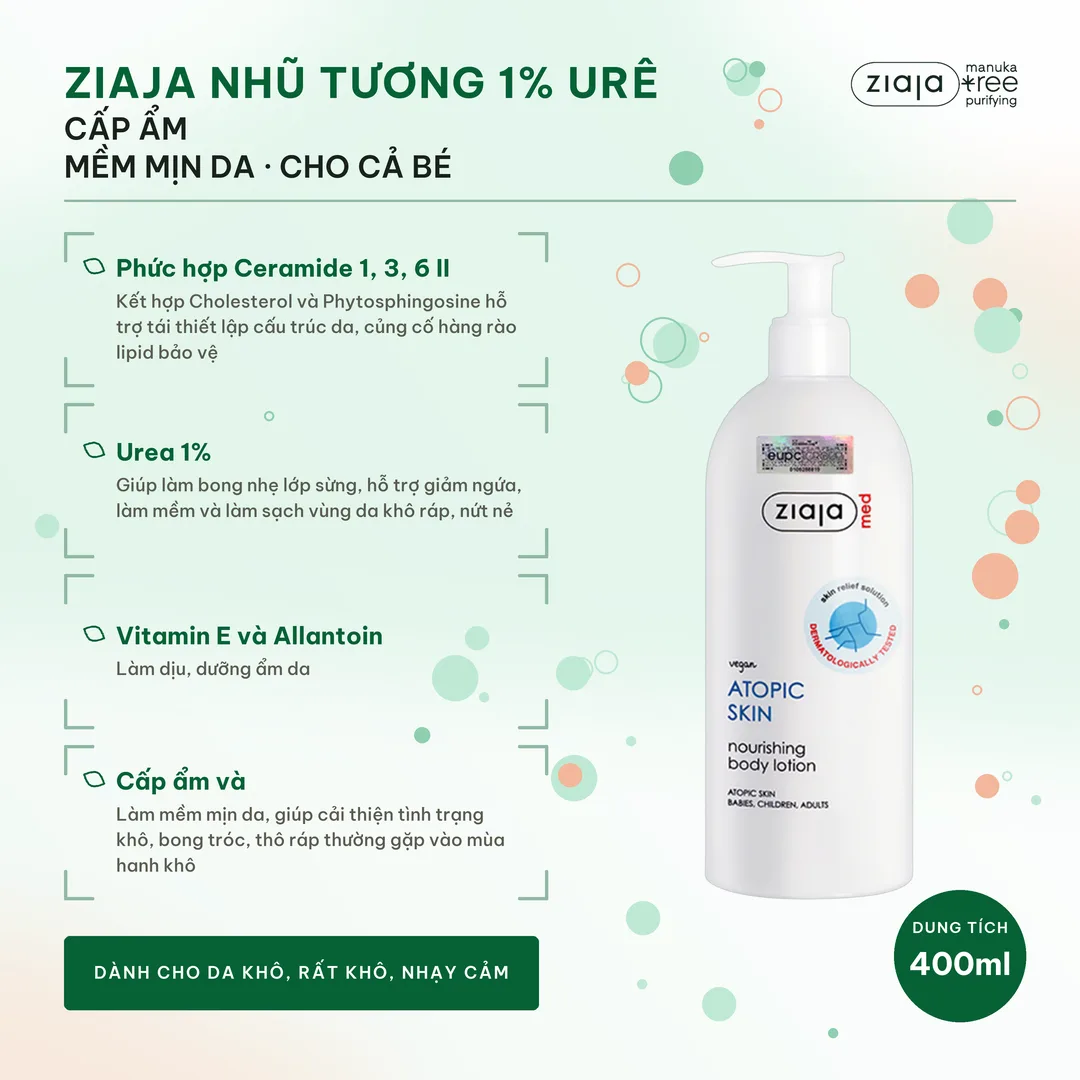 Combo 2 Nhũ Tương Mượt Da Toàn Thân 1% Urê Ziaja Med Atopic Skin Body Lotion 400ml Kèm Quà Sáp Vaseline Trắng – ảnh 2