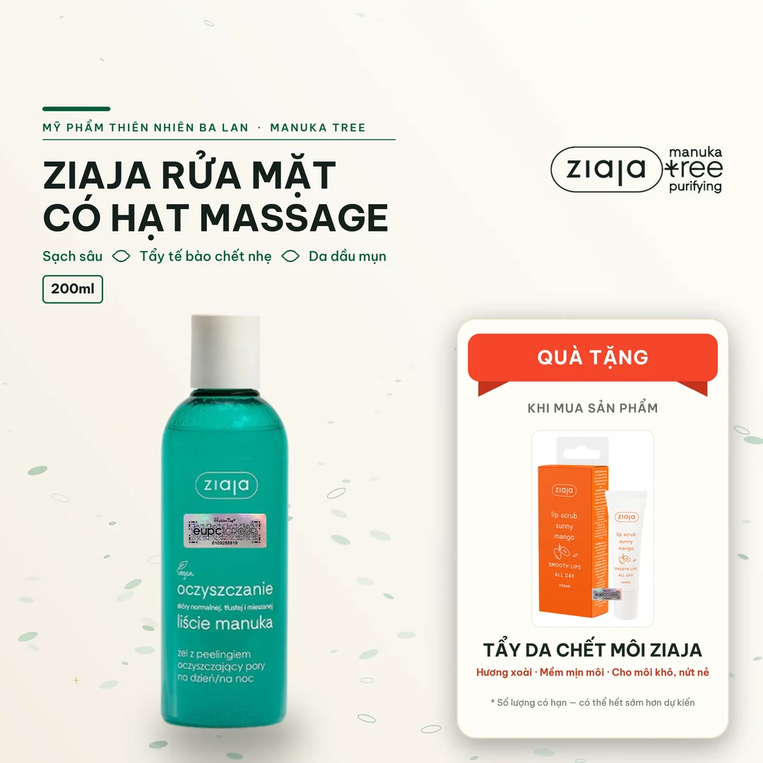 Gel Rửa Mặt Có Hạt Ziaja Manuka 200ml - Làm Sạch Sâu, Giảm Mụn, Kiềm Dầu, Cho Da Dầu Mụn & Hỗn Hợp