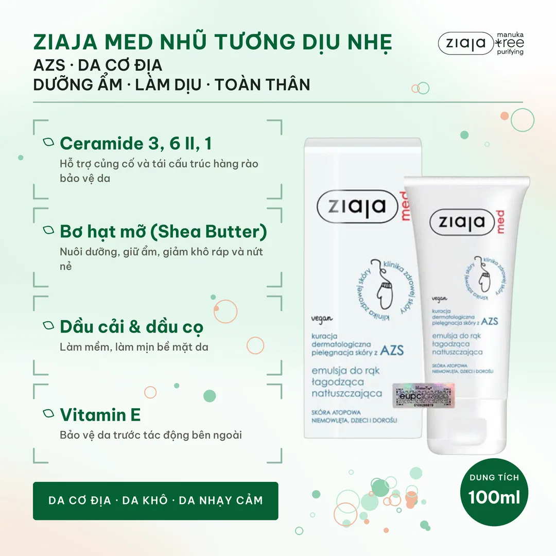 Nhũ Tương Dưỡng Ẩm Toàn Thân Ziaja Med AZS 100ml – Dịu Nhẹ Cho Da Cơ Địa, Da Khô, Da Nhạy Cảm – ảnh 2