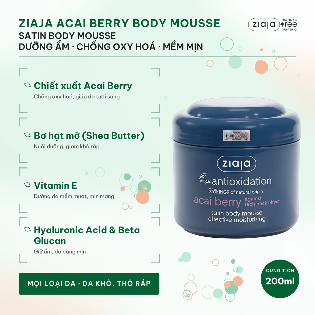 Mousse Dưỡng Thể Ziaja Acai Berry Satin Body Mousse 200ml – Dưỡng Ẩm, Chống Oxy Hoá, Thấm Nhanh – ảnh 2