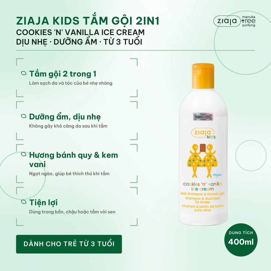 Tắm Gội 2in1 Cho Bé Ziaja Kids Cookies & Vanilla Ice Cream 400ml – Dịu Nhẹ, Dưỡng Ẩm, Trẻ Từ 3 Tuổi – ảnh 2