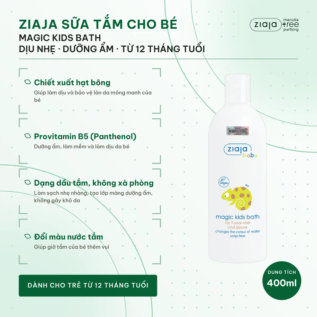 Sữa Tắm Cho Bé Ziaja Baby Magic Kids Bath 400ml – Đổi Màu Nước Tắm, Không Xà Phòng, Cho Trẻ Từ 12 Tháng 3
