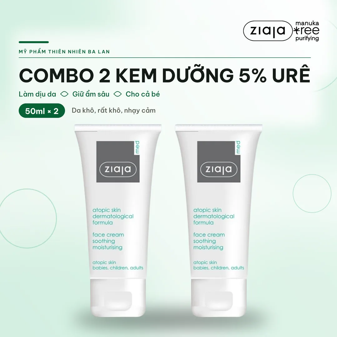 Combo 2 Kem Dịu Nhẹ Dưỡng Ẩm 5% Urê Ziaja Med Atopic Skin Face Cream 50ml Kèm Quà Sáp Vaseline Trắng – ảnh 1