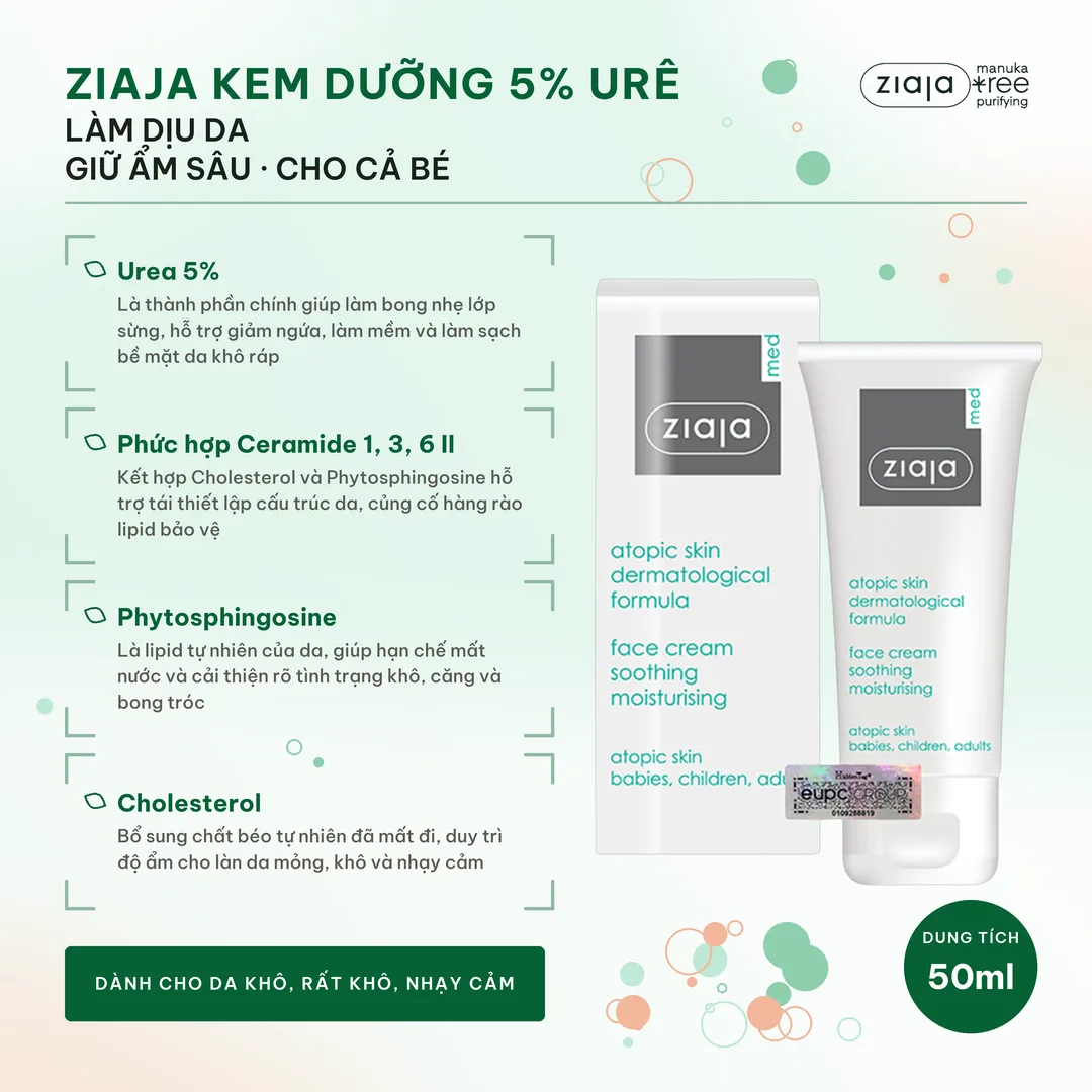 Combo 2 Kem Dịu Nhẹ Dưỡng Ẩm 5% Urê Ziaja Med Atopic Skin Face Cream 50ml Kèm Quà Sáp Vaseline Trắng – ảnh 2